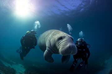 scuba diver and walrus