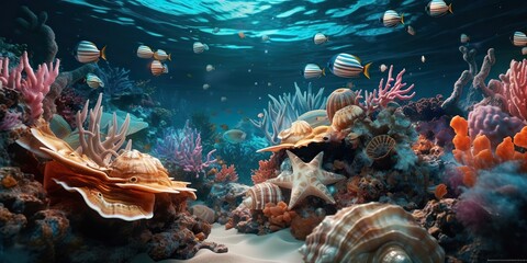 AI Generated. AI Generative. Pasted drawing illustration of underwater under sea marine landscape. Graphic Art