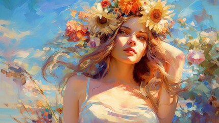 Fototapeta na wymiar Impressionist painting, girl on summer background. Illustration AI Generative.