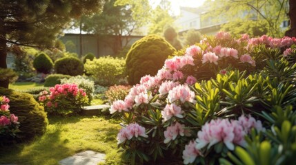 Rhododendron flower in summer garden. Illustration AI Generative.