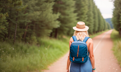  Woman with backpack in the forest. Generative AI