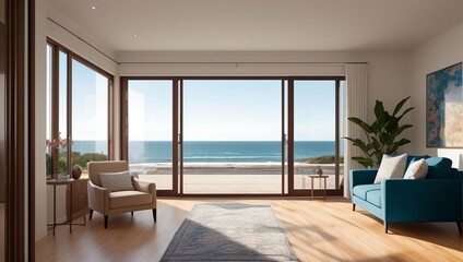 Fototapeta na wymiar Living room with a view of the ocean, generative ai