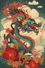 Fototapeta premium Poster for Chinese New Year with dragon. Illustration AI Generative