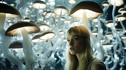 Obraz na płótnie Canvas a woman standing in front of mushrooms. Generative AI Art.