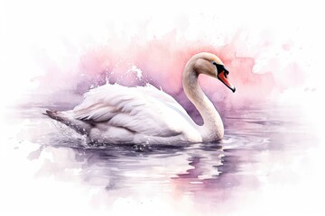 Pink watercolour swan in the water