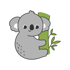 Cute animal koala on a branch. Vector illustration. The cartoon character is hand drawn and isolated on a white background.