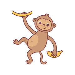 Cute animal monkey with a banana on a liana. Vector illustration. The cartoon character is hand drawn and isolated on a white background.