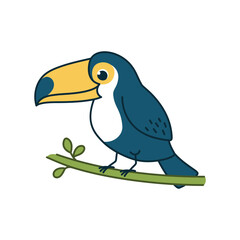 Cute bird toucan on a branch. Vector illustration. The cartoon character is hand drawn and isolated on a white background.