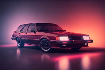 Fototapeta na wymiar 80s styled abstract retro car. Vintage automotive design in neon lights. Generated AI.