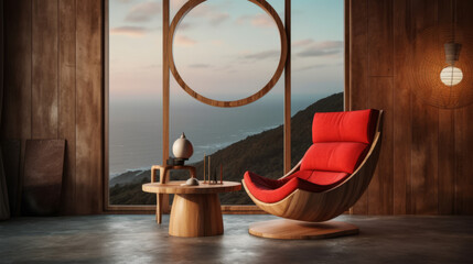 Modern furniture design in interior with red armchair and mountain view. Generative AI.