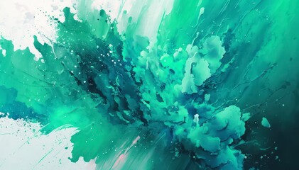 Fototapeta na wymiar Abstract watercolor background. Green paint splashes on white canvas. Generative AI.