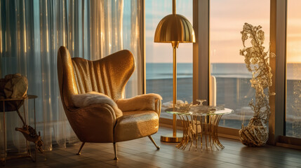 Fototapeta na wymiar Modern interior design with a beautiful expensive armchair made of gold material and windy windows overlooking the ocean. Generative AI.
