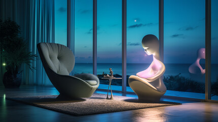Modern designer expensive armchair in expensive interior with ocean view at night. Generative AI.