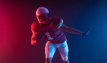 American football player banner with neon colors. Template for bookmaker ads with copy space. Mockup for betting advertisement. Sports betting, football betting, gambling, bookmaker, big win