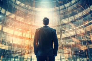 Rear view of an Asian businessman standing in front of a modern building Generative AI