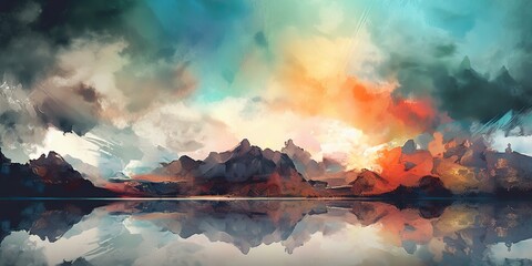 AI Generated. AI Generative. Vintage water color pattete drawing landscape mountain sky outdoor. Graphic Art