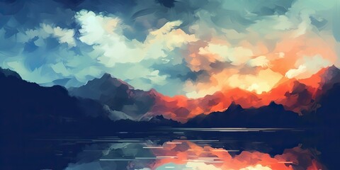 AI Generated. AI Generative. Vintage water color pattete drawing landscape mountain sky outdoor. Graphic Art