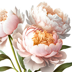 Bouquet of peony peonies flower plant with leaves isolated on white background. Flat lay, top view. macro closeup	