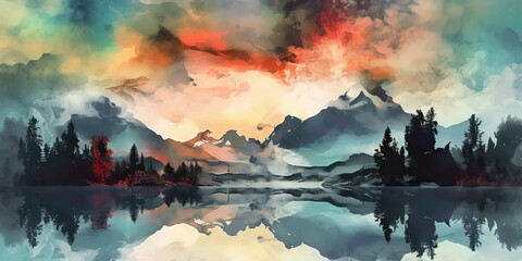 AI Generated. AI Generative. Vintage water color pattete drawing landscape mountain sky outdoor. Graphic Art