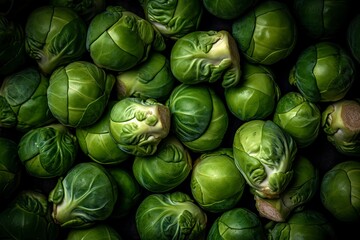 Fototapeta na wymiar Full frame of fresh Brussels sprouts. AI generated.