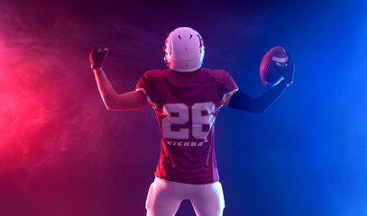 American football player. Banner with neon colors.