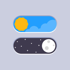 Day and night. Sun and moon. On and Off slider button. Switch interface button. Vector 3d illustration. Flat icon On and Off toggle switch button. Switch toggle button, slider in ON and OFF position