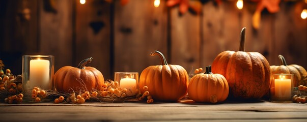 Festive autumn decor of pumpkins, on wooden table. Wide banner concept of Thanksgiving day or Halloween, generative ai