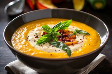 Pumpkin soup, food for Thanksgiving day or Halloween, generative ai