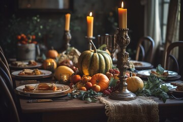 Fototapeta na wymiar Thanksgiving table setting, autumn dinner, generative ai