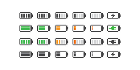 Simple 8bit pixel art minimalistic set of  gadget battery level icons in retro style