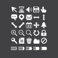 Simple black and white 1bit pixel art minimalistic set of PC toolbar interface icons