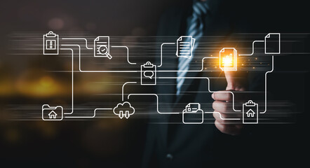 Businessman showing thumbs up to unit document management system, Document Management System (DMS) in addition to digitization and process automation to efficiently manage files, business technology.