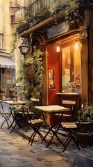 Obraz na płótnie Canvas Retro charming café with terrace, Parisian style oil painting, generative ai