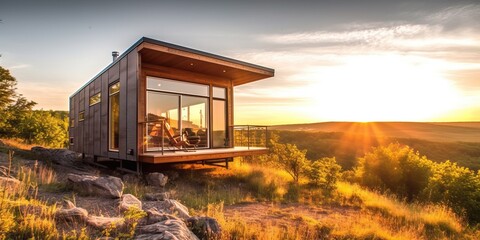 Tiny house with amazing design on a beautiful landscape, generative ai