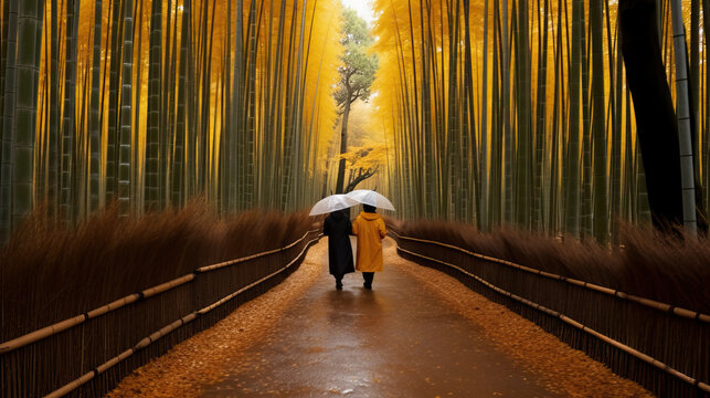 people walking on bamboo forest in japan. generative ai