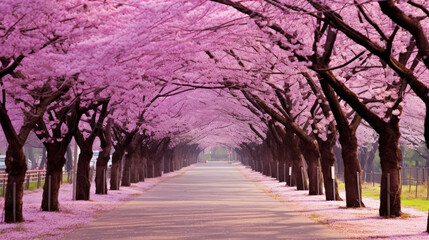 pink cherry trees blossoming on road at spring. generative ai