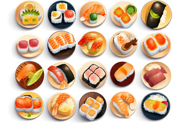Sushi set. Collection of fast fool in asian style. Classic shushi and rice rolls. Generated AI.