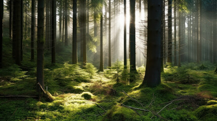 forest with sun rays. nature background. generative ai