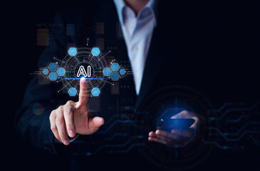 AI (Artificial intelligence) growing concept. Businessman use smartphone. Business technology links digital marketing. Big data and Financial banking.