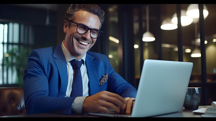 Smiling mid aged business man ceo wearing blue suit sitting in office using laptop. Mature Businessman professional executive working at desk with laptop. Generative AI