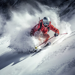 illustrazione di sport invernali estremi, sciatore con casco integrale tra gli spruzzi di neve, spazio per copy
