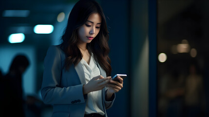 Young serious busy Asian business woman executive using mobile smartphone at night in dark office. Professional businesswoman holding smartphone, working on cellphone. Generative AI