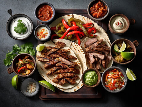 cibo messicano, fajitas di manzo e pollo con salse messicane viste dall'alto, ristorante messicano, piatto tipico, creato con intelligenza artificiale, 