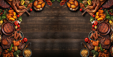 illustrazione di cornice di piatti messicani su sfondo di legno scuro, vista dall'alto, spazio per...