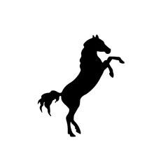 Mustang stand on back hooves. Spirit of freedom. Black logo of mammal animal. Vector illustration horse silhouette. Strong stallion