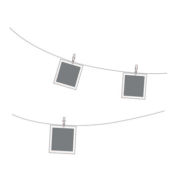 Hanging at string photos, frame. Set of simple mockup vector illustrations