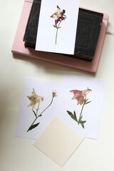 book and pressed Common columbine flowers and a blank card