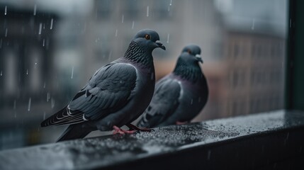 selective focus of pigeons on a ledge of a building in a city on a rainy day with blurred background - pigeon plague in our cities - generative AI