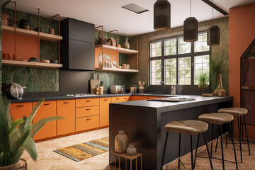 Cozy kitchen with table and chairs. Orange, green and black colors. African eco interior design. Super photo realistic background, generative ai illustrarion