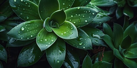 Obraz premium AI Generated. AI Generative. Green tropic exotic plant flower leaf succulent with water rain drop illustration photo. Graphic Art